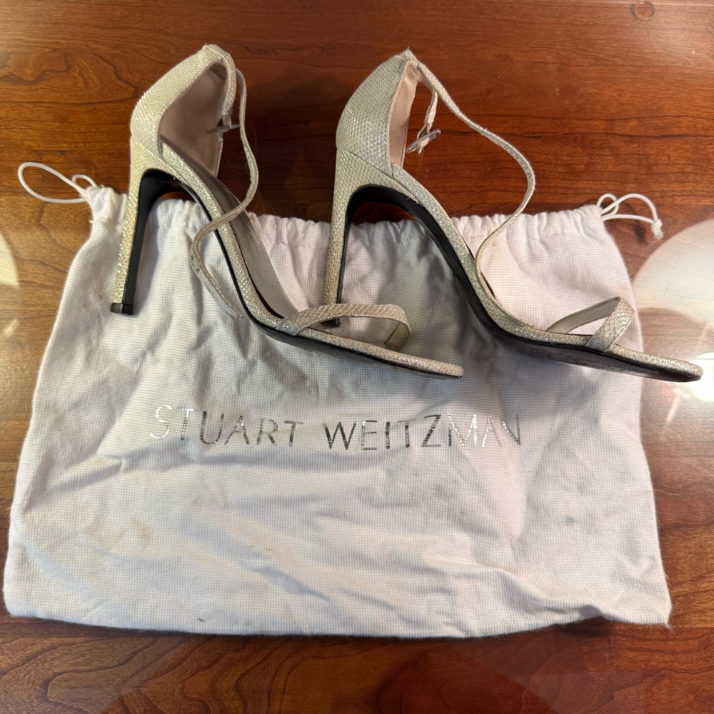 Stuart Weitzman Nudist Glittering Silver Heels